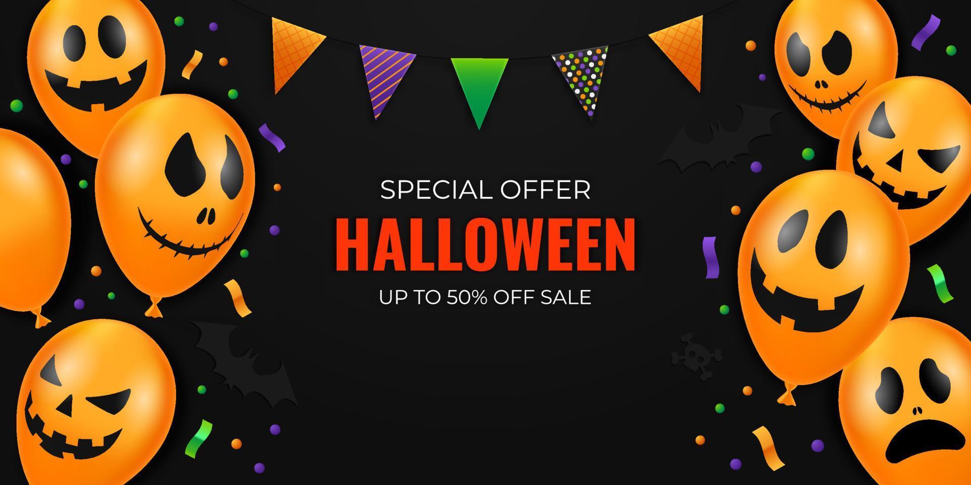 promotionele banner of poster voor halloween-uitverkoop met enge ballonnen en papieren vleermuizen. vector