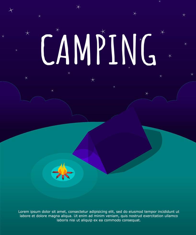 nacht landschap illustratie in isometrische stijl met tent, kampvuur, bergen. achtergrond voor zomerkamp, natuurtoerisme, kamperen of wandelen ontwerpconcept. poster vector