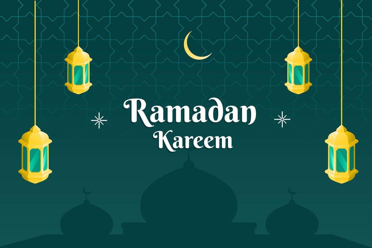 ramadhan kareem bannerontwerp. met gouden laterns, moskee en groene achtergrond vector