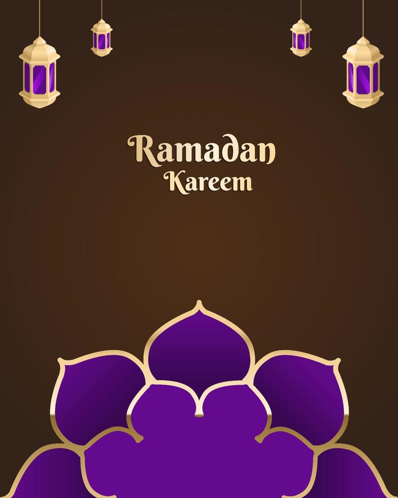 ramadan kareem posters of uitnodigingsontwerp met islamitische lantaarns en ornament, op paarse achtergrond vector