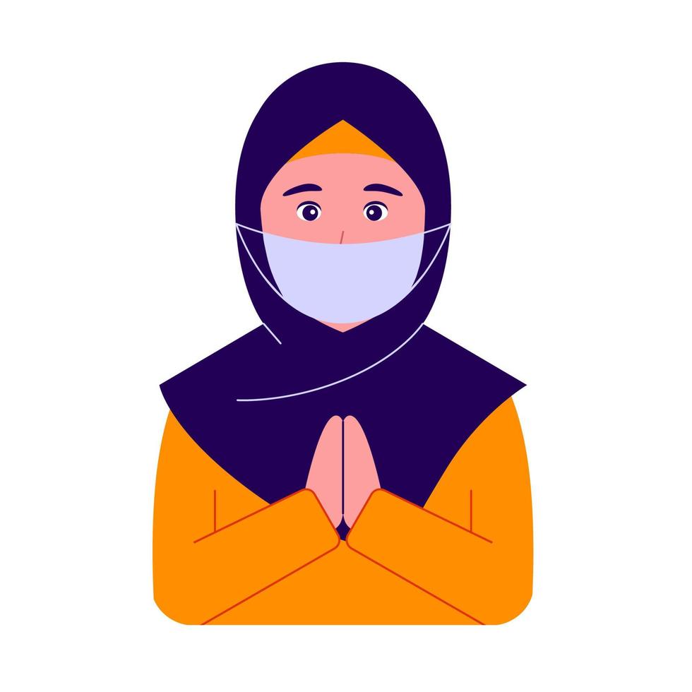 schattige moslimvrouwen met hijab die een masker dragen om ziekte, griep, luchtvervuiling, verontreinigde lucht, coronavirus te voorkomen. vector illustratie