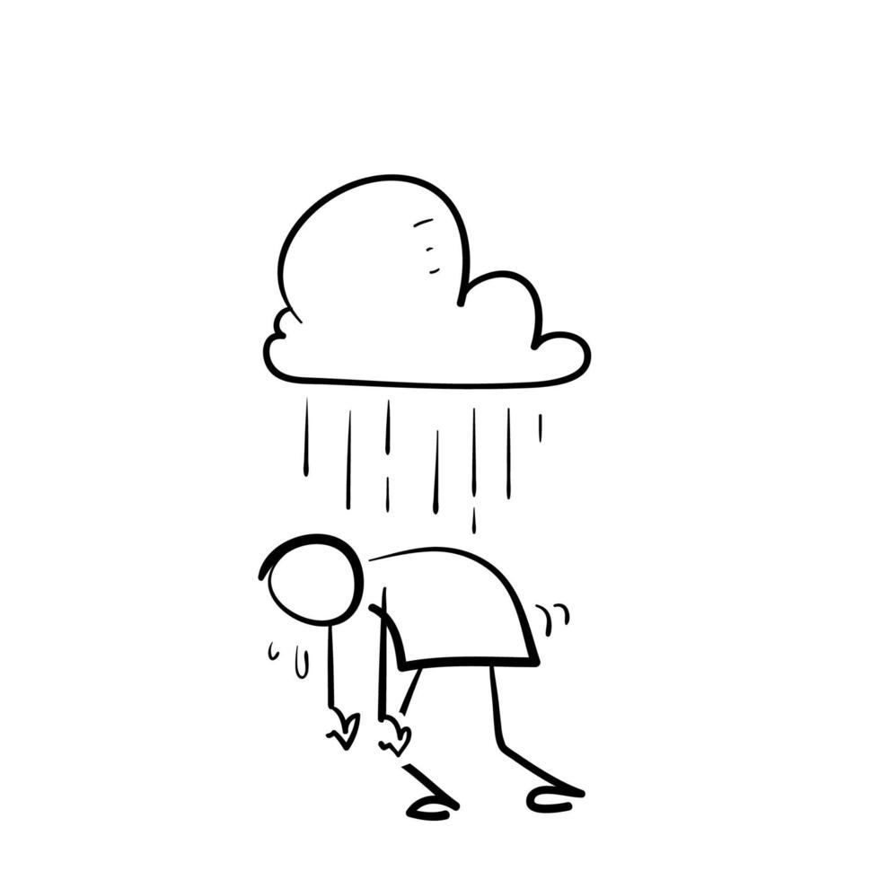 hand getrokken doodle mensen depressie onder regenwolk illustratie vector