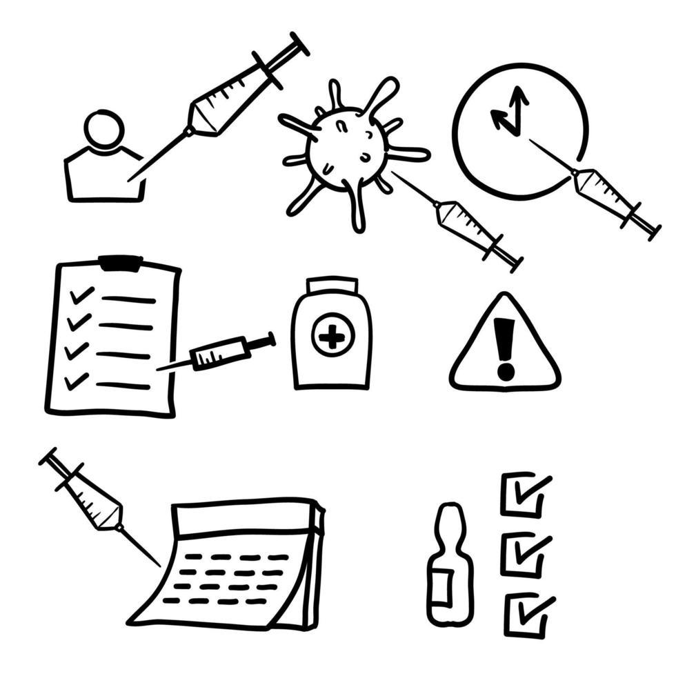 handgetekende eenvoudige set van vaccingerelateerde vectorlijnpictogrammen in geïsoleerde doodle-stijl vector