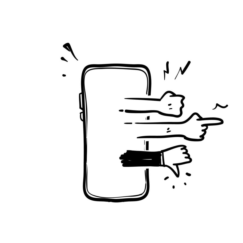 hand getrokken doodle mobiele telefoon en handgebaar symbool voor cyberpesten illustratie pictogram geïsoleerd vector