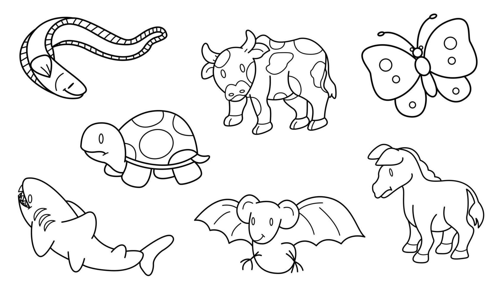 schattig ontwerp dier overzicht vector set 20, haai schildpad vleermuis koe paard vlinder paling