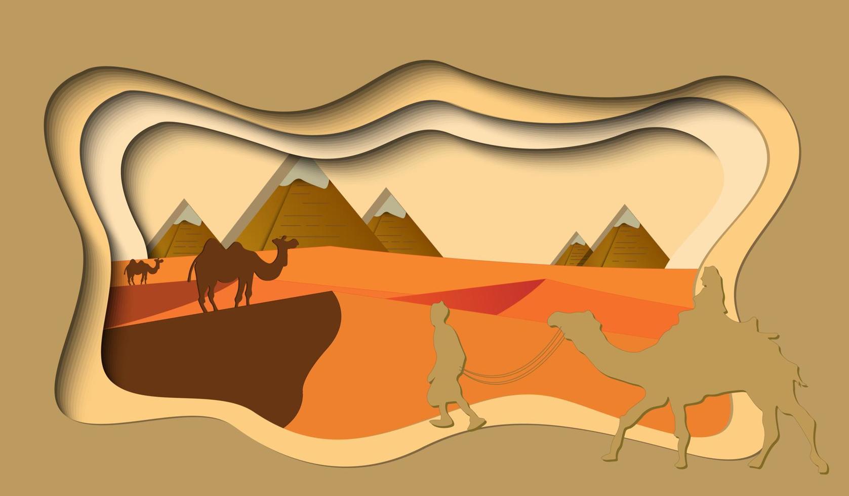 papier kunst kameel en piramide in woestijn achtergrond, papier gesneden stijl, vector illustratie behang