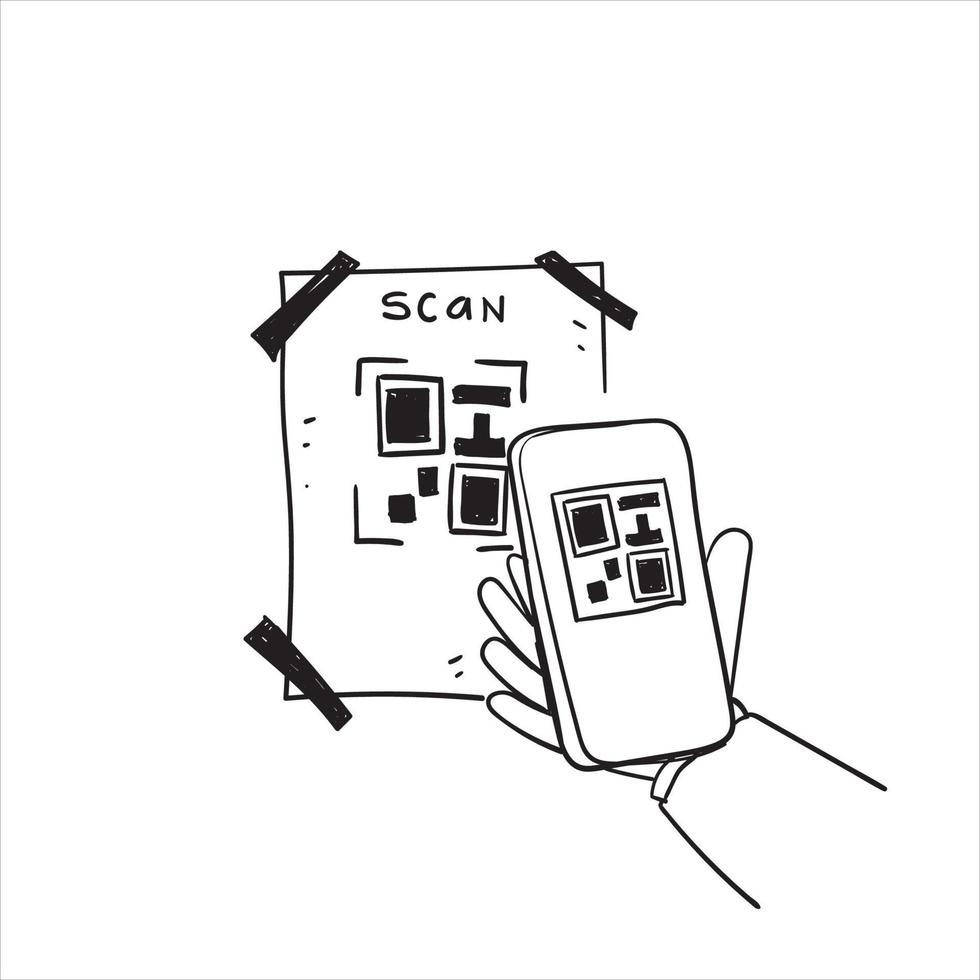 hand getrokken doodle qr code scanning icoon in smartphone afbeelding vector