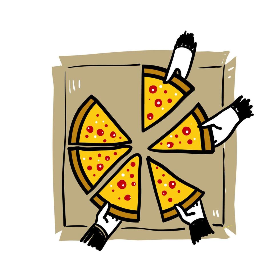 handgetekende doodle mensen die samen dineren en een enorm pizza-illustratiepictogram delen vector