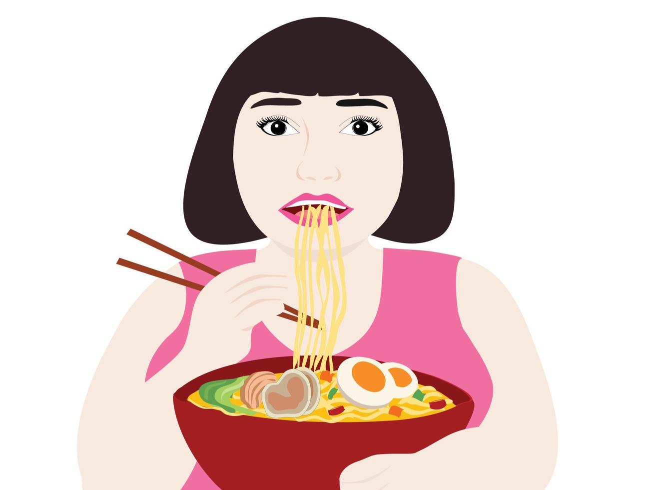 dikke vrouw eet ramen noodle vectorillustratie vector