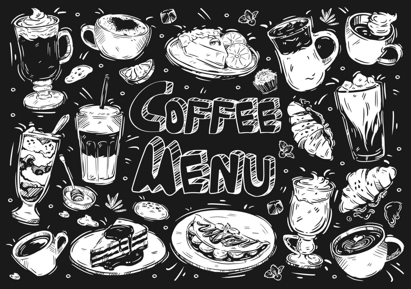 hand getekend vector illustratie eten en drinken op zwarte bord. doodle koffiemenu, americano, cappuccino, latte macchiato, frappe, mocaccino, cheesecake, croissant, desserts