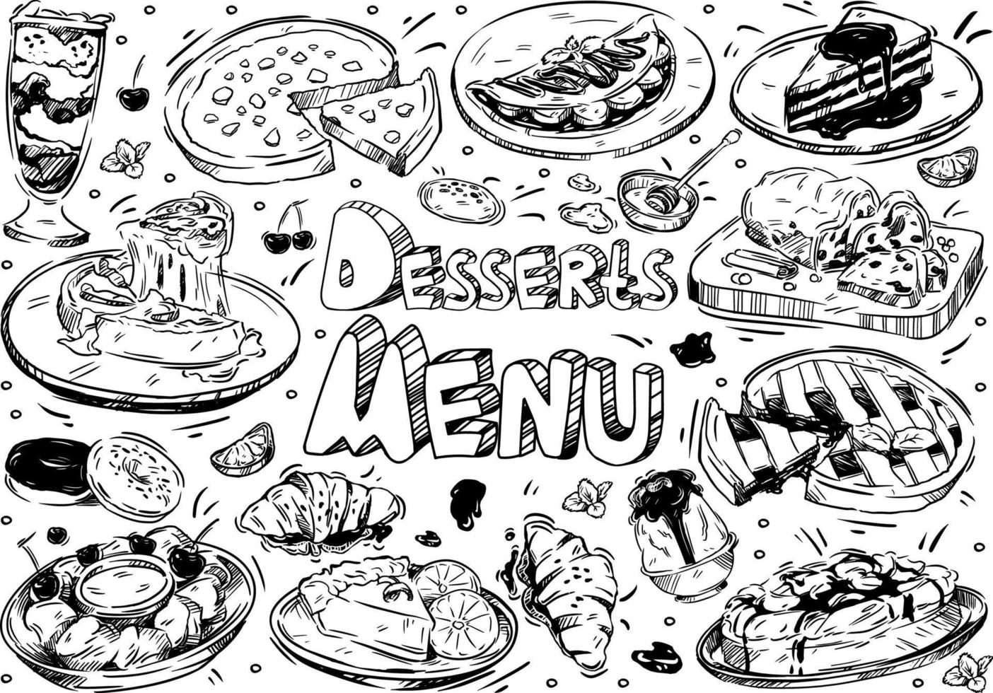 hand getekend vector illustratie voedsel. doodle desserts menu, cheesecake, croissant, bosbessensorbet, pannenkoeken met banaan, donuts, rozijnentaart, kers, citroen, munt, honing