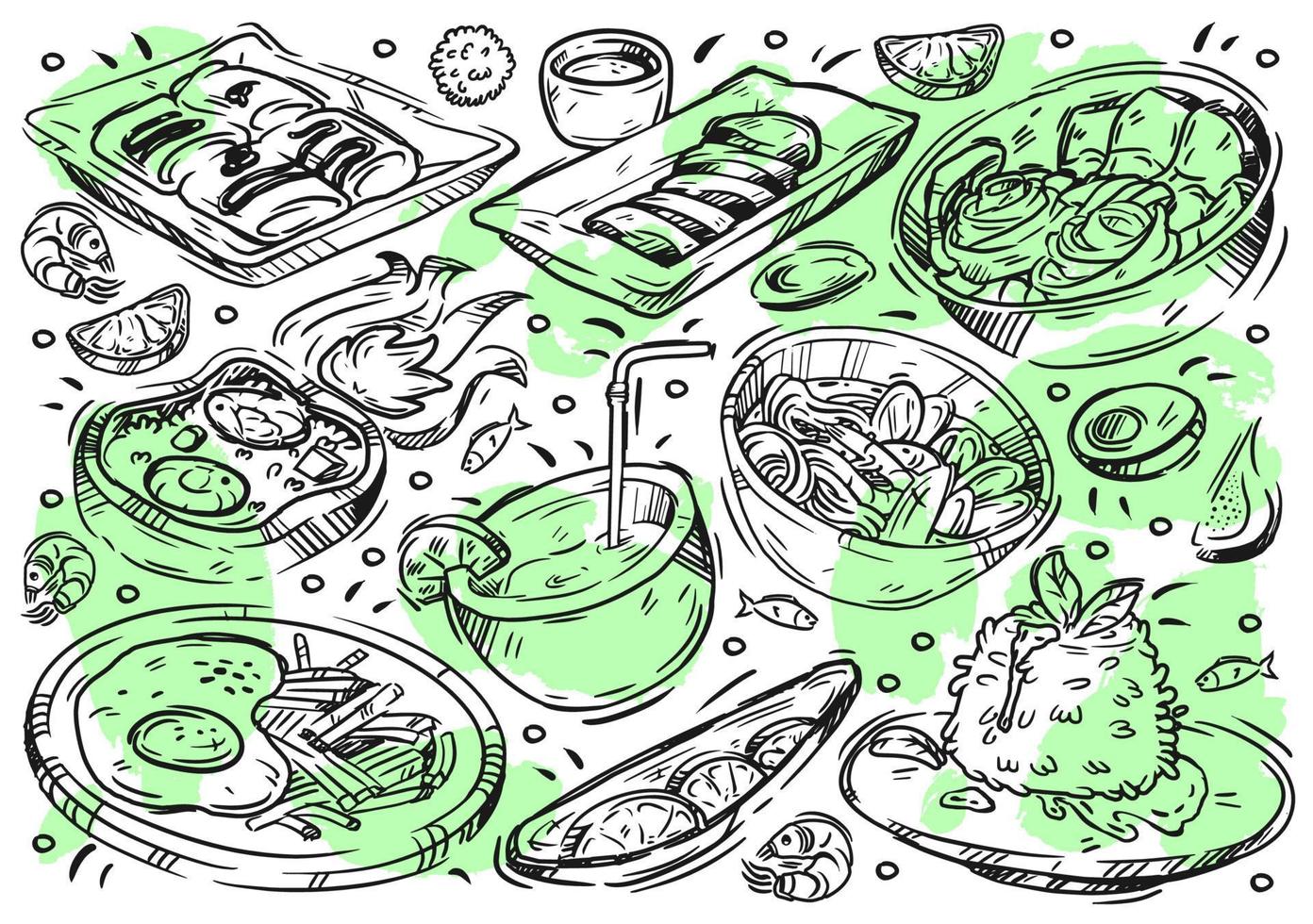 hand getrokken lijn vector illustratie voedsel op wit bord. doodle thai cuisine, vlees sua rong hai, pad krapow, tom yum soep, khao pad gai, ananas fred rijst, bananen roti, kipsaté, kokossap