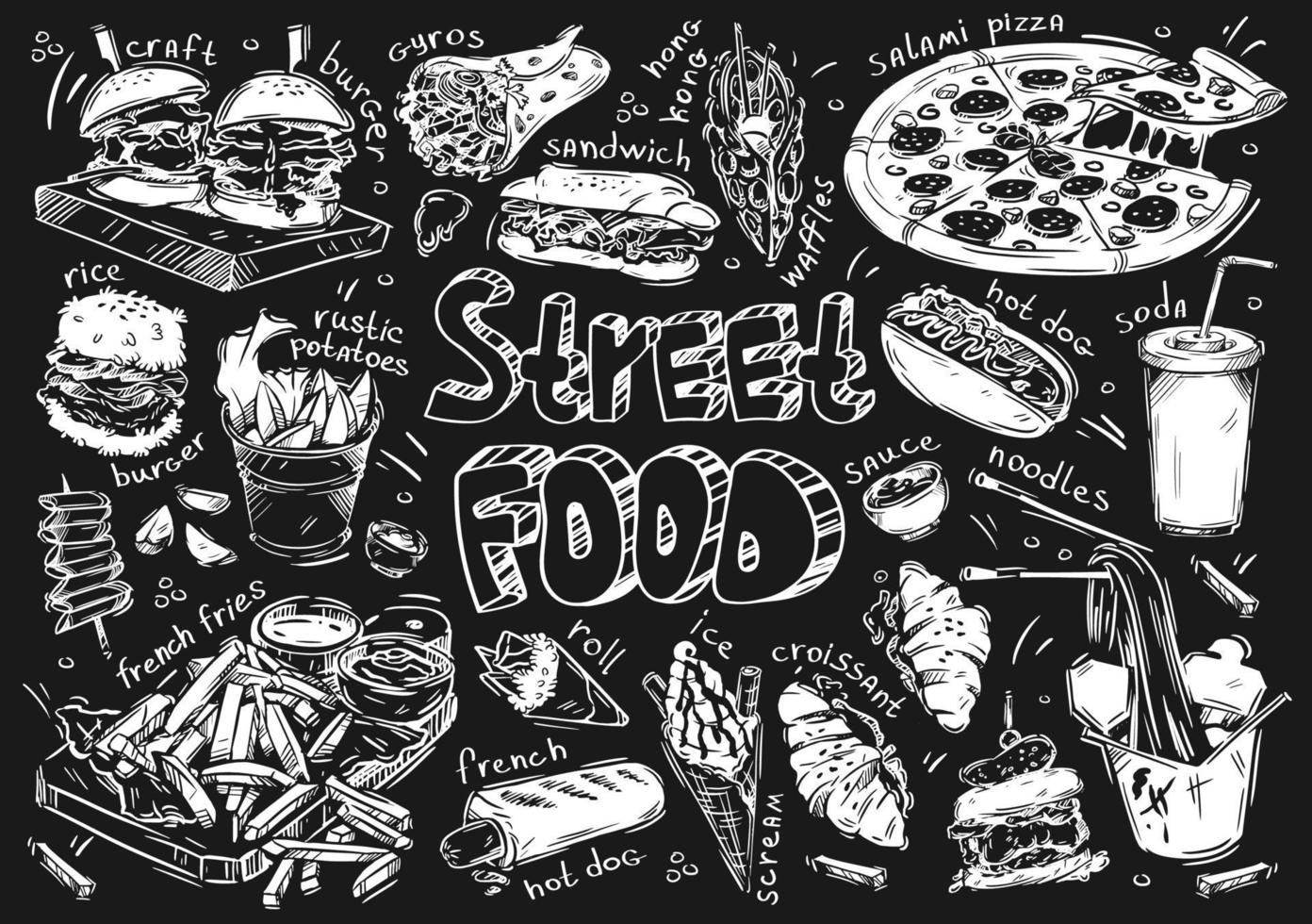 hand getekende vectorillustratie. doodle street fast food, hamburger, sandwich, frietjes, franse hotdog, broodje, ijsschreeuw, croissant, noedels, saus, frisdrank, pizza, hong kong-wafels, aardappelen vector