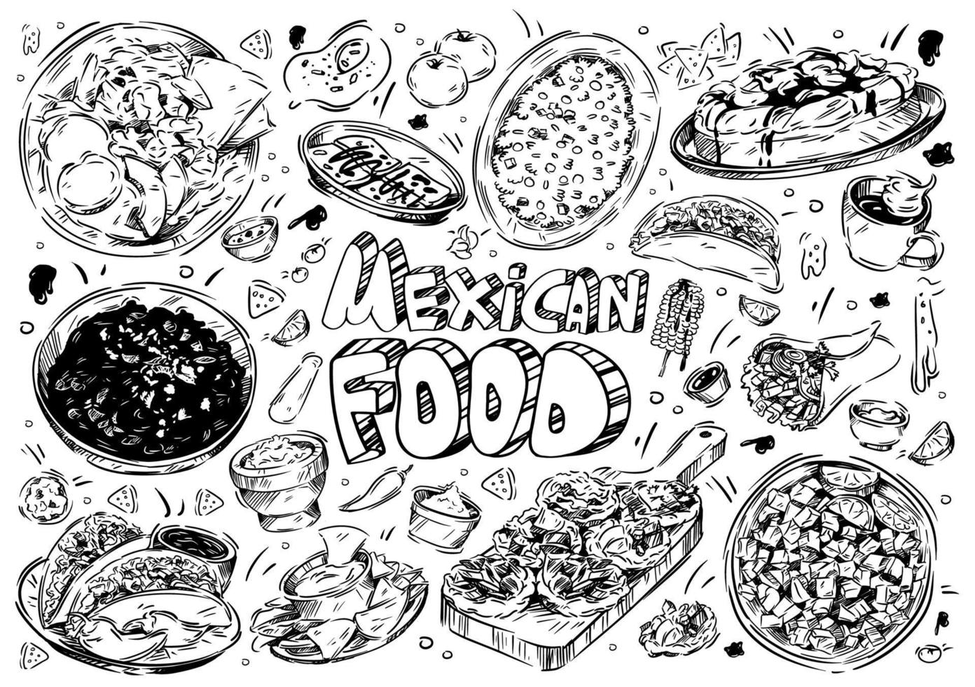 hand getekende vectorillustratie. doodle Mexicaans eten, carnitas huevos rancheros, churros, instant pot zwarte bonen, klassieke tres leches cake, straatgraan, pico de gallo, taco, burrito, limoen, salsa vector