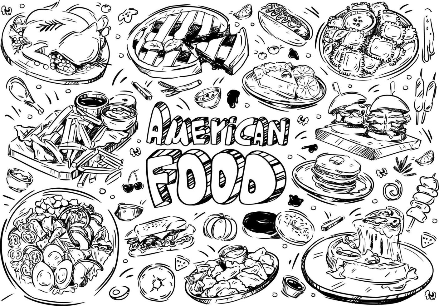 hand getekende vectorillustratie. doodle Amerikaans eten, hotdog, burger, frietjes, tomaat, kalkoen, dumplings, cobb, donuts, taart vector