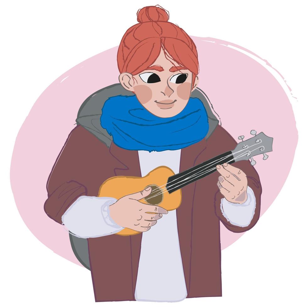 illustratie van een jong roodharig meisje met een kleine ukelele-gitaar vector