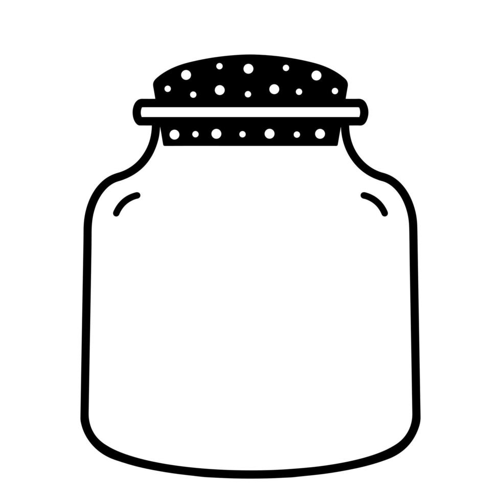 vectorillustratie van een pot met een deksel. zwarte contour van een glazen pot geïsoleerd op een witte achtergrond. doodle, zwart-wit vector