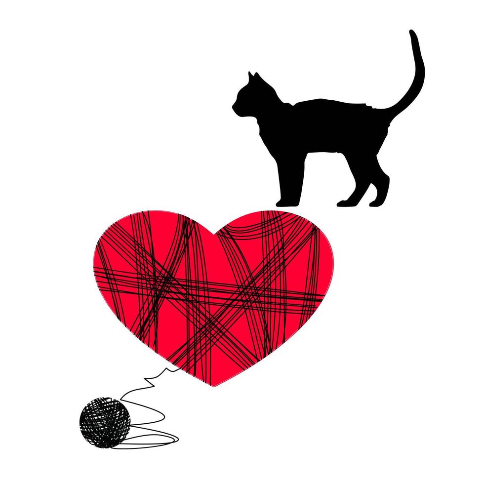 kat met een bal op de achtergrond van harten. vector