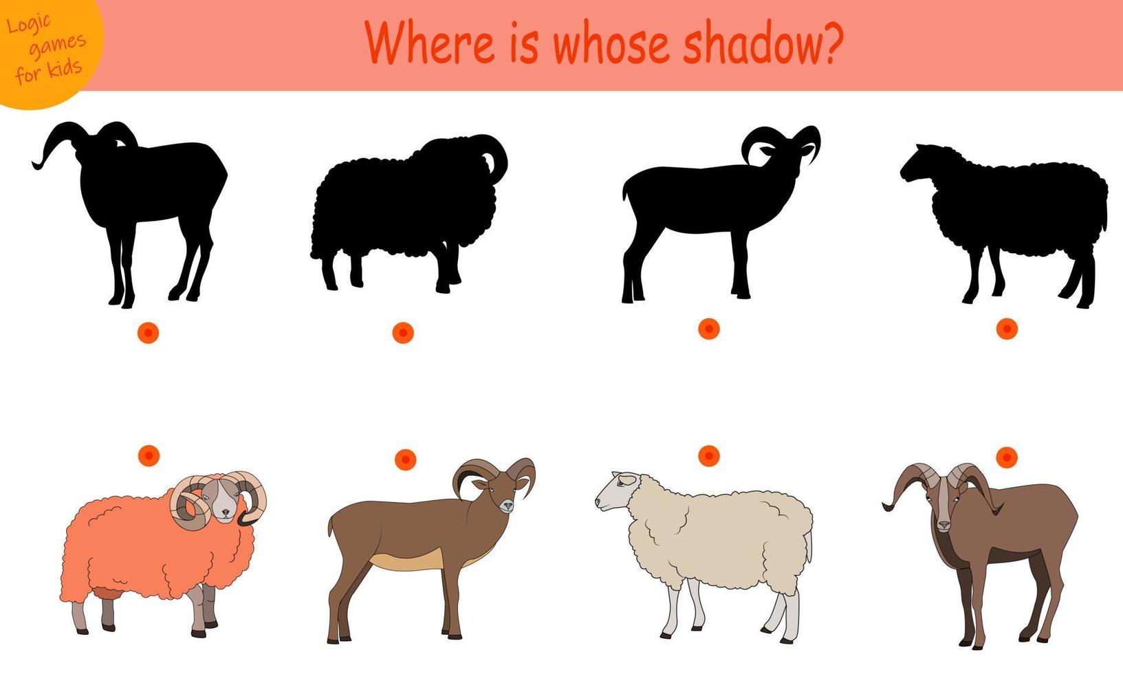 een puzzelspel voor kinderen, vind de juiste schaduw. pak de schaduw van de boerderijdieren. schapen ram berggeit vector