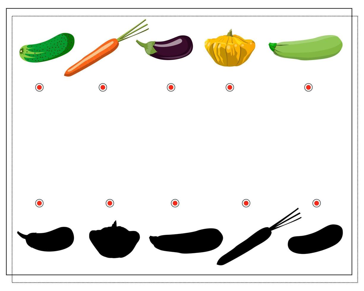 puzzelspel voor kinderen vind de juiste schaduw, groenten. vector