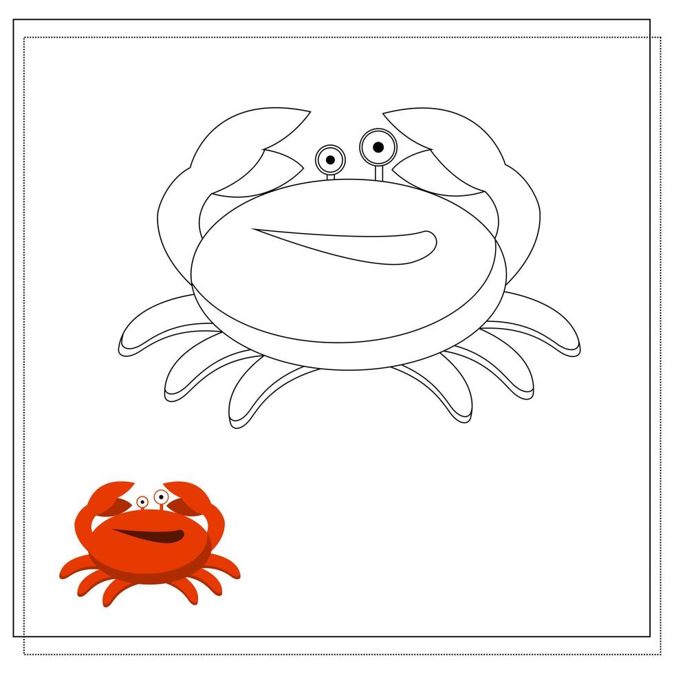 pagina van het kleurboek, krab. schets en kleurenversie. kleurboek voor kinderen. vector