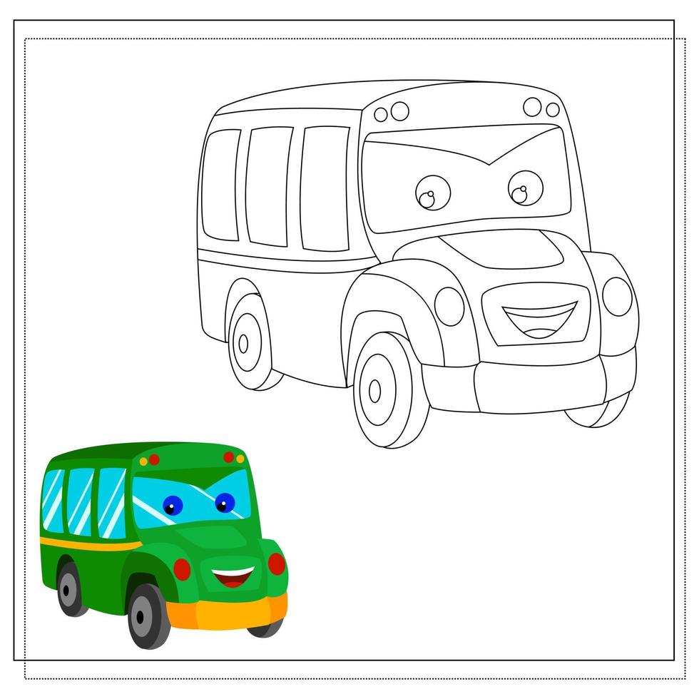 een schattig cartoon bus kleurboek met ogen en een glimlach. schets en kleurenversie. vector