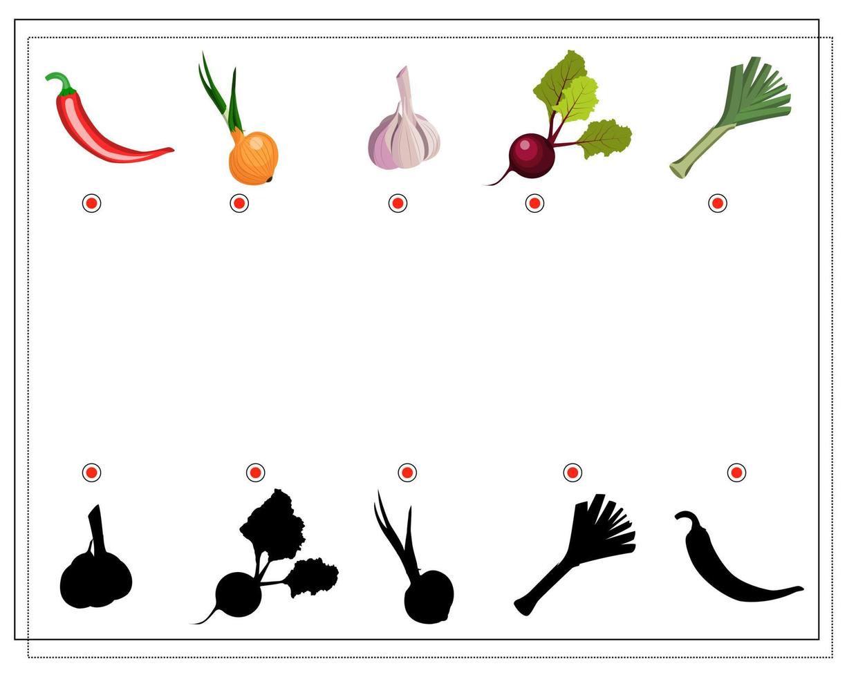 puzzelspel voor kinderen vind de juiste schaduw, groenten. vector