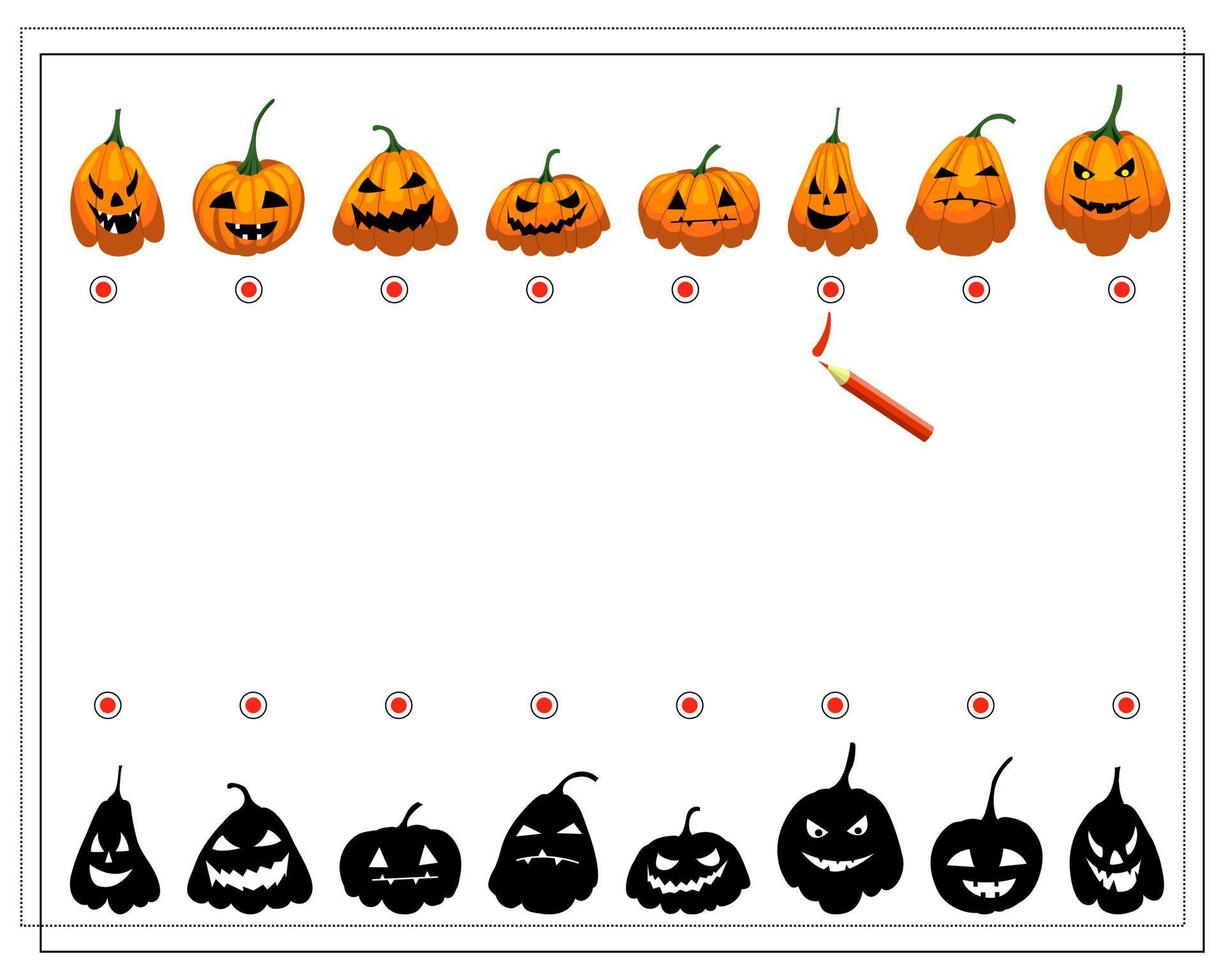 vind de juiste schaduw, halloween-pompoenen met verschillende gezichten, vector