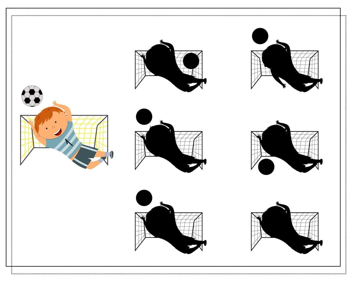 een logisch spel voor kinderen om de juiste schaduw te vinden. cartoon kinderen spelen voetbal en basketbal vector