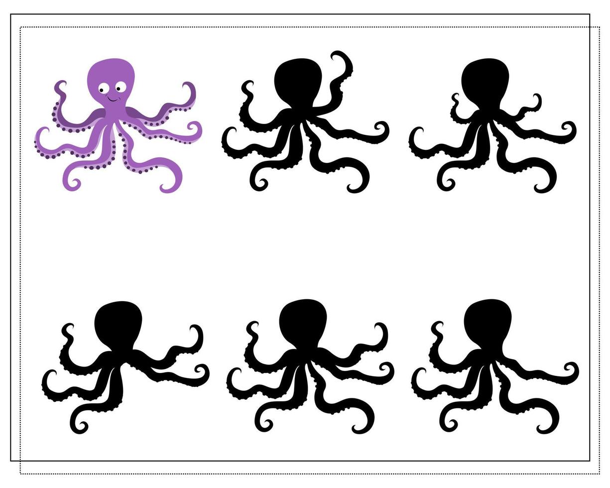 puzzelspel voor kinderen vind de juiste schaduw. kies een schaduw voor de octopus zeedieren vector