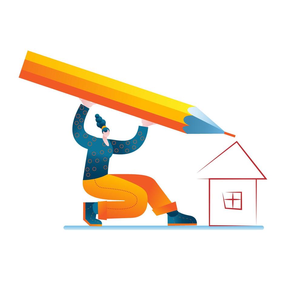 een meisje met een groot potlood tekent een denkbeeldig huis. vector