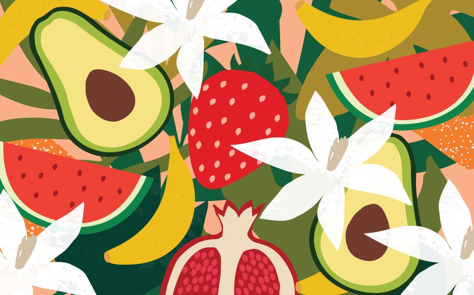 exotisch fruitposter. zomer tropisch design met fruit, aardbei, granaatappel, avocado, banaan en watermeloen kleurrijke mix. gezonde voeding, veganistisch eten achtergrond vectorillustratie vector