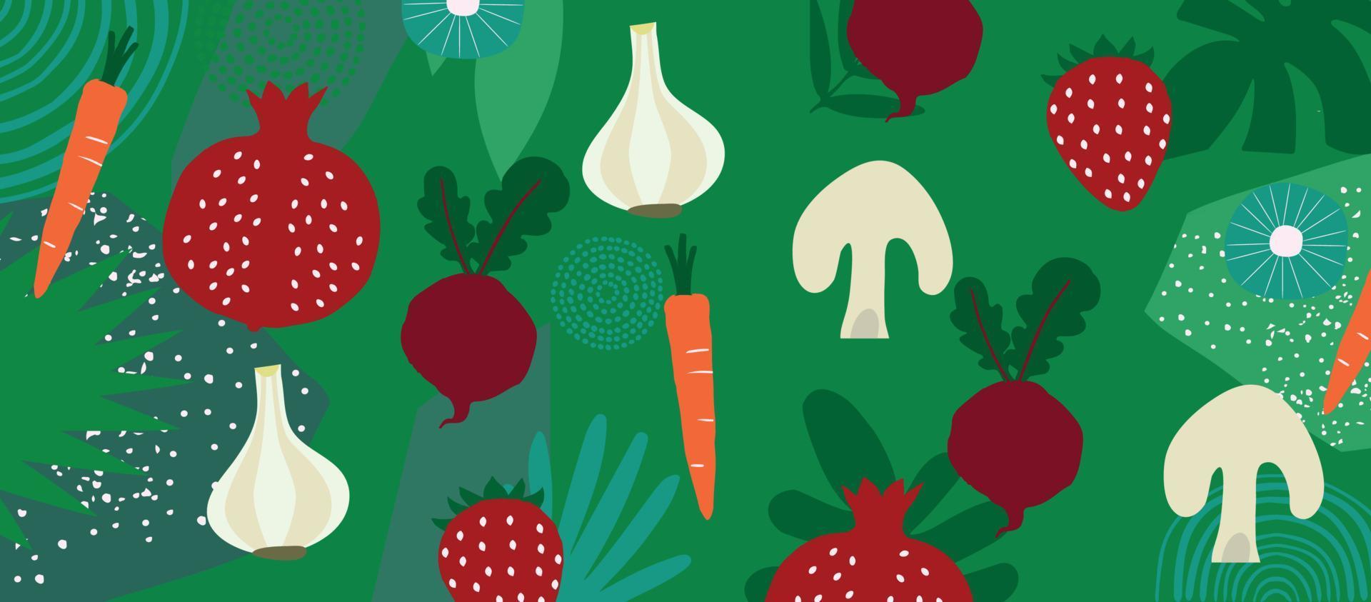 exotische groenten en fruit poster. zomer tropisch ontwerp met aardbei, granaatappel, knoflook, wortel, rode biet, paddestoel kleurrijke mix. gezonde voeding, veganistisch eten achtergrond vectorillustratie vector