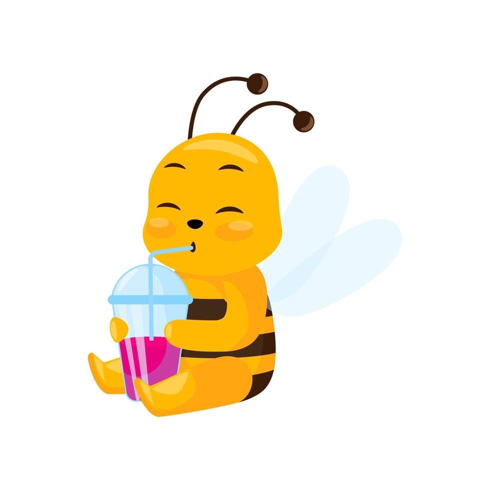 schattige bijen drinken sap geïsoleerd op een witte achtergrond. lachende stripfiguur zit gelukkig. vector