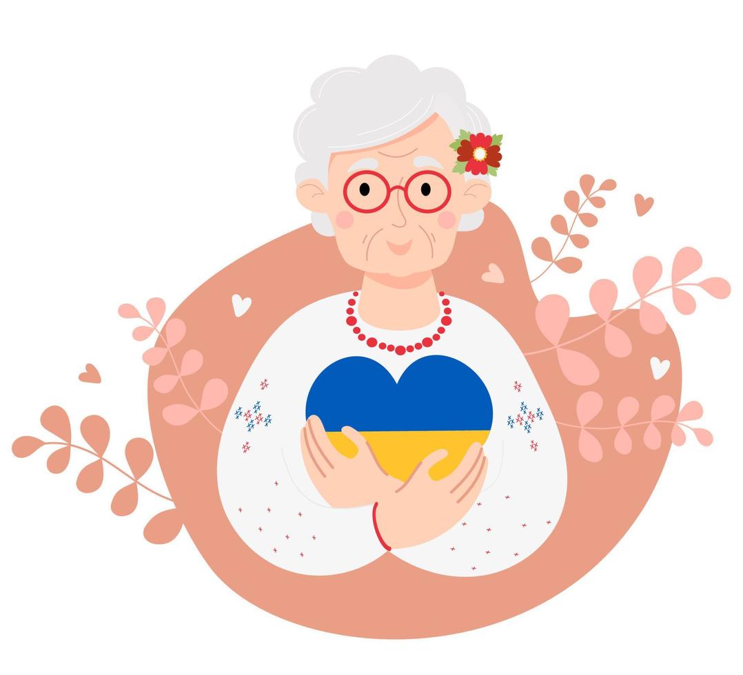 schattige bejaarde oekraïense gepensioneerde vrouw met bril in traditionele geborduurde shirt en kralen knuffels geel-blauw hart. kleur van de Oekraïense vlag. vectorillustratie. Oekraïens karakter in vlakke stijl vector