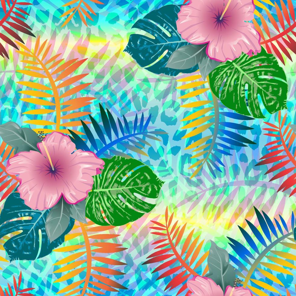 monstera tropische blad en bloemen vector illustratie. zomer print. vectorbanner. inkt lijn kunst ontwerp. naadloos patroon.