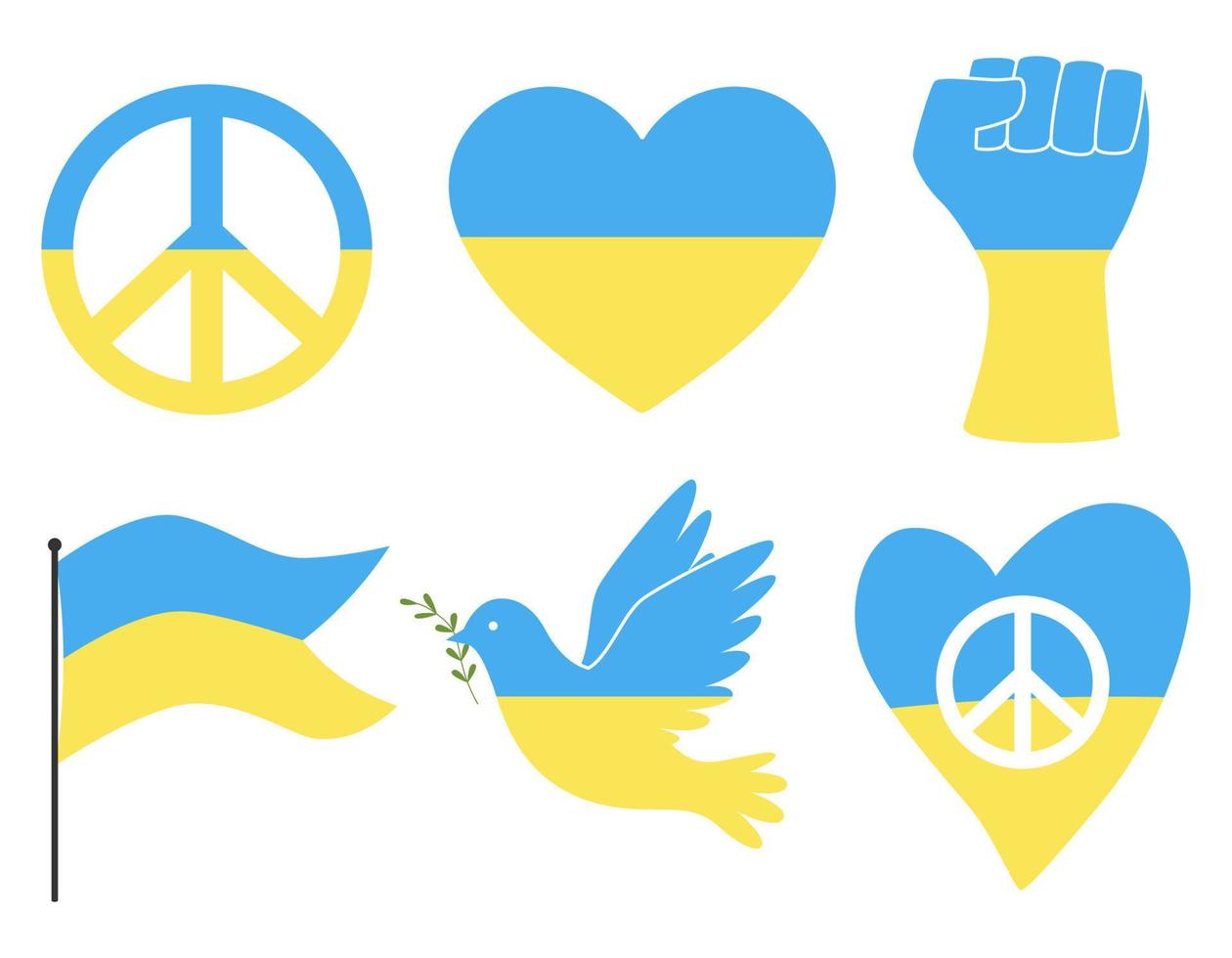 een reeks symbolen in de kleuren van de Oekraïense vlag. een symbool van vrede, een hand van solidariteit, een vlag, een hart en een duif. kleurenillustratie in een vlakke stijl, geïsoleerd op een witte achtergrond vector