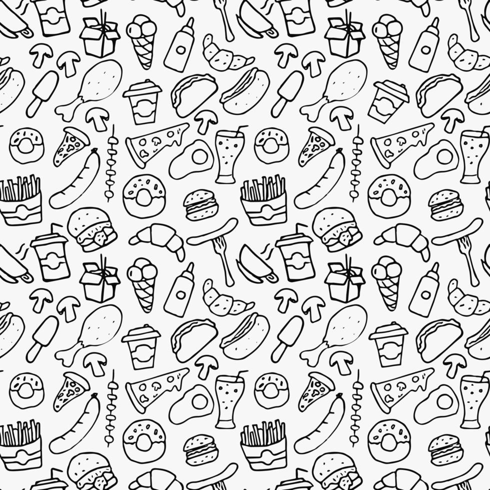 fastfood set pictogrammen, fastfood achtergrond. doodle fastfood pictogrammen. naadloos patroon met voedselpictogrammen. voedsel pictogrammen op witte achtergrond. hand verdrinken vector patroon met fast food iconen