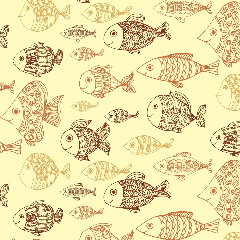 naadloze boho plat patroon met doodle bruine vissen op beige achtergrond. onderwater lagune wereld. vector kind textuur voor stoffen, wallpapers en uw creativiteit