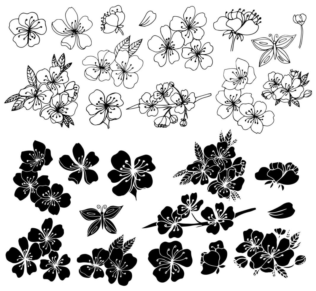 Sakura bloemen bloesem set, met de hand getekende lijninkt stijl. schattige doodle kersen plant vectorillustratie, zwart geïsoleerd op een witte achtergrond. realistische bloemenbloei voor Japanse of Chinese lentevakantie vector