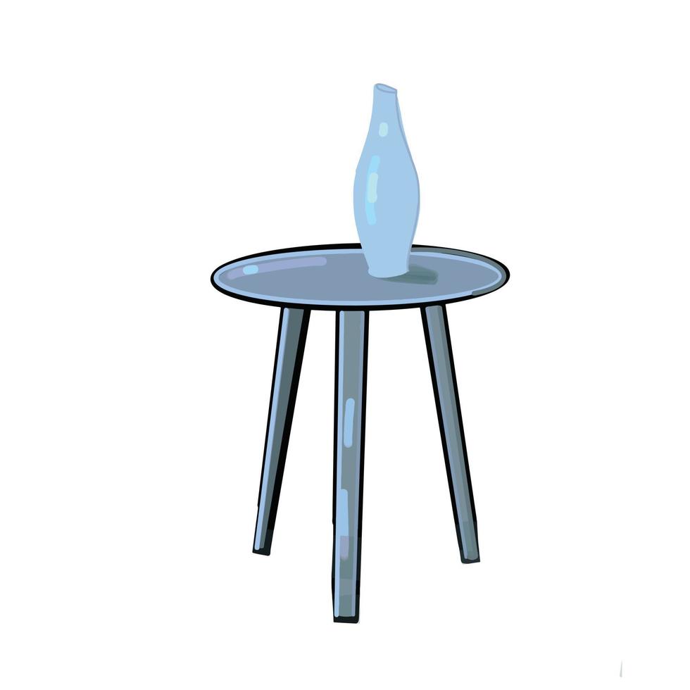 blauwe tafel waarop een vaas staat, handgetekende vectorlijnen op een witte achtergrond. vector schets