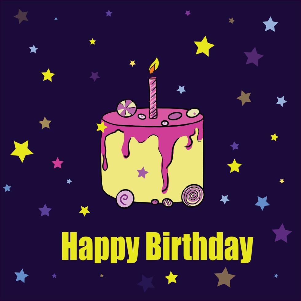 leuke gelukkige verjaardagskaart met cake en kaarsen. vector illustratie