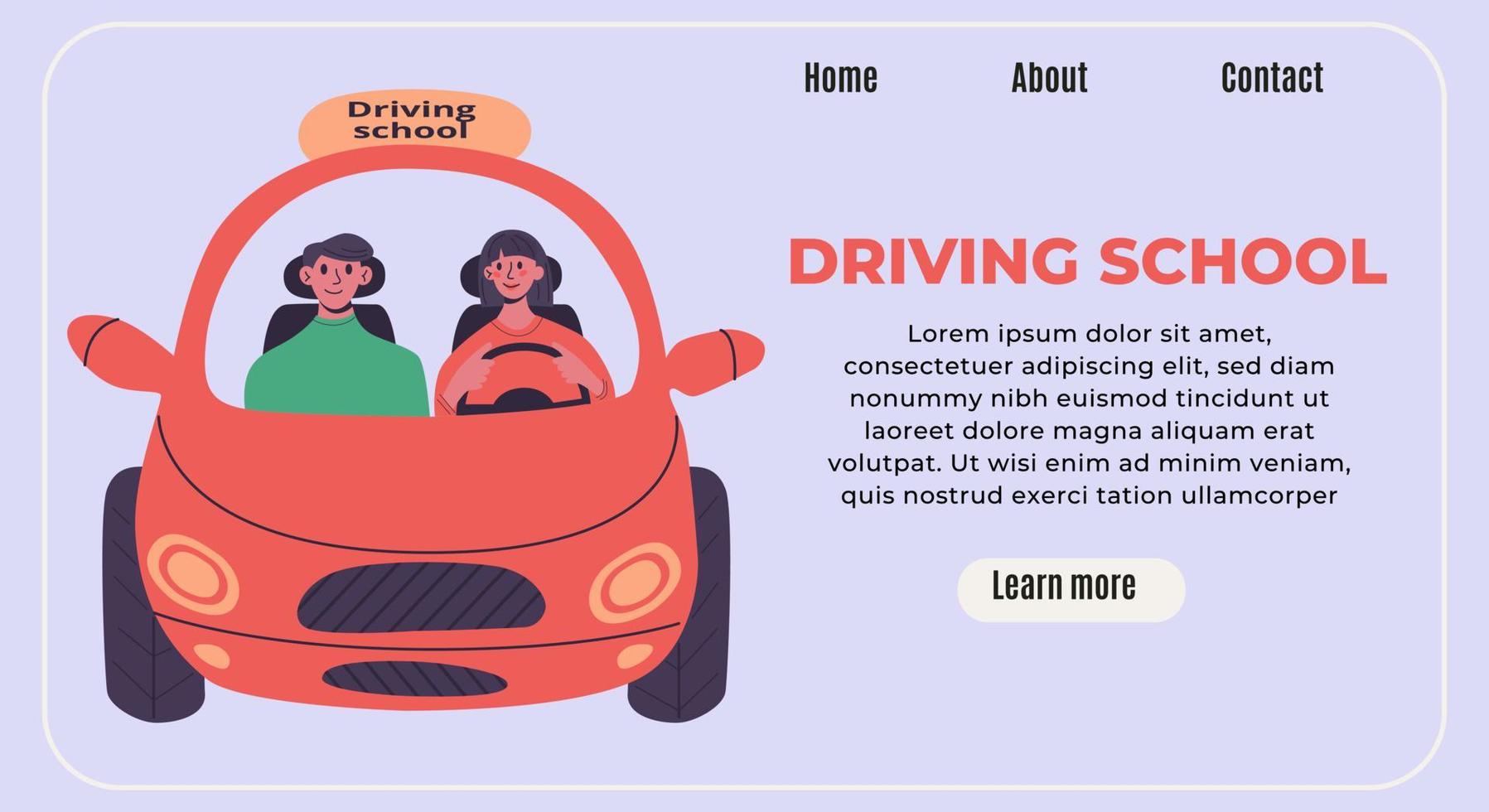 rijschool banner concept. jonge vrouw rijdt kleine rode auto met instructeur. vector