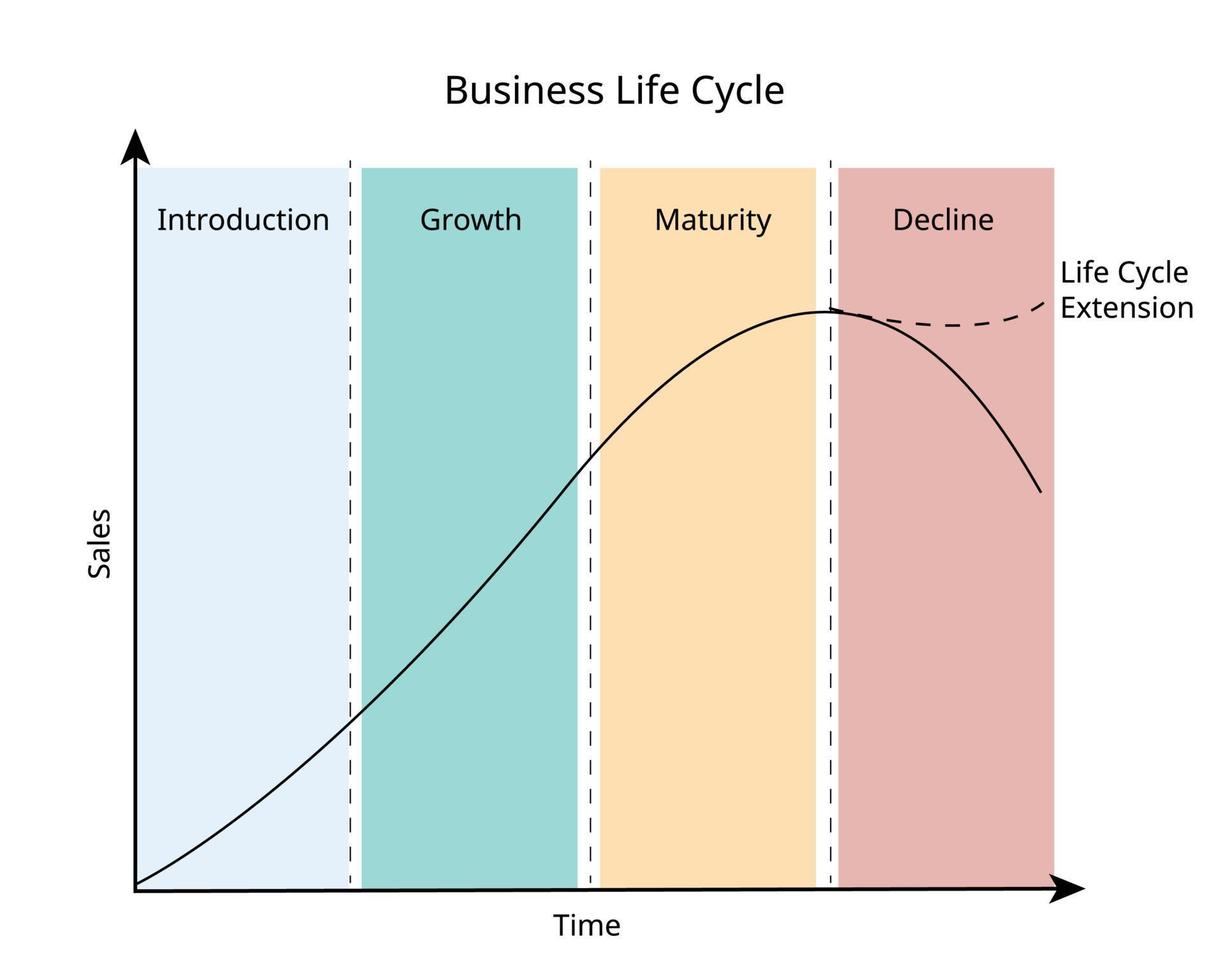 bedrijfslevenscyclus volgt een product van creatie tot volwassenheid en verval vector