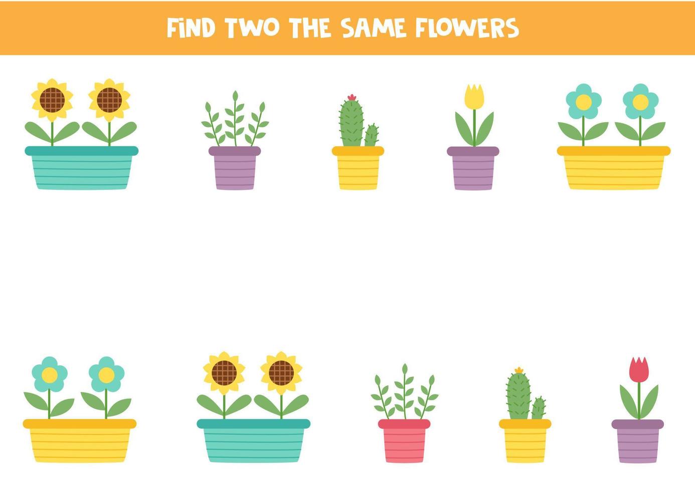 vind twee schattige identieke bloemen in pot. educatief spel voor kleuters. vector