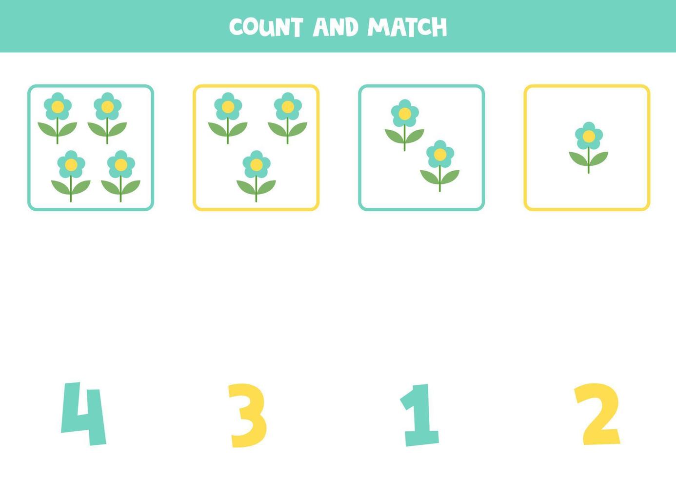 telspel voor kinderen. tel alle bloemen en match met nummers. werkblad voor kinderen. vector