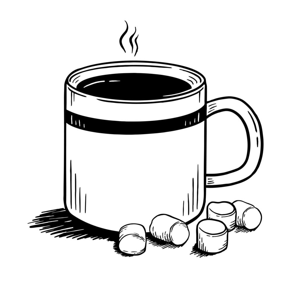 koffie met marshmallows handgetekende in de stijl van doodle goed om af te drukken. vectorillustratie geïsoleerd op een witte achtergrond vector