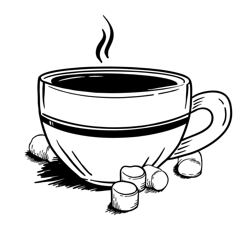 koffie met marshmallows handgetekende in de stijl van doodle goed om af te drukken. vectorillustratie geïsoleerd op een witte achtergrond vector