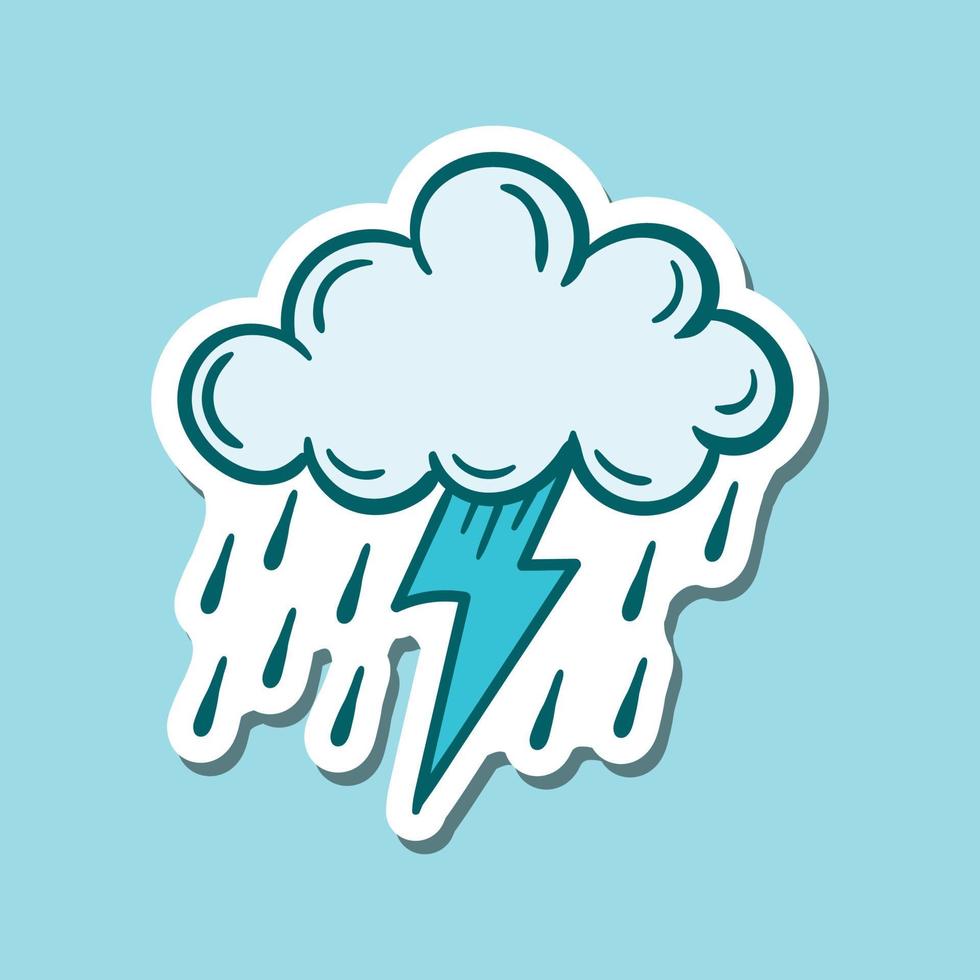 handgetekende blauwe wolkenregen met bliksemkrabbelillustratie voor stickers, afdrukken enz. Premium vector