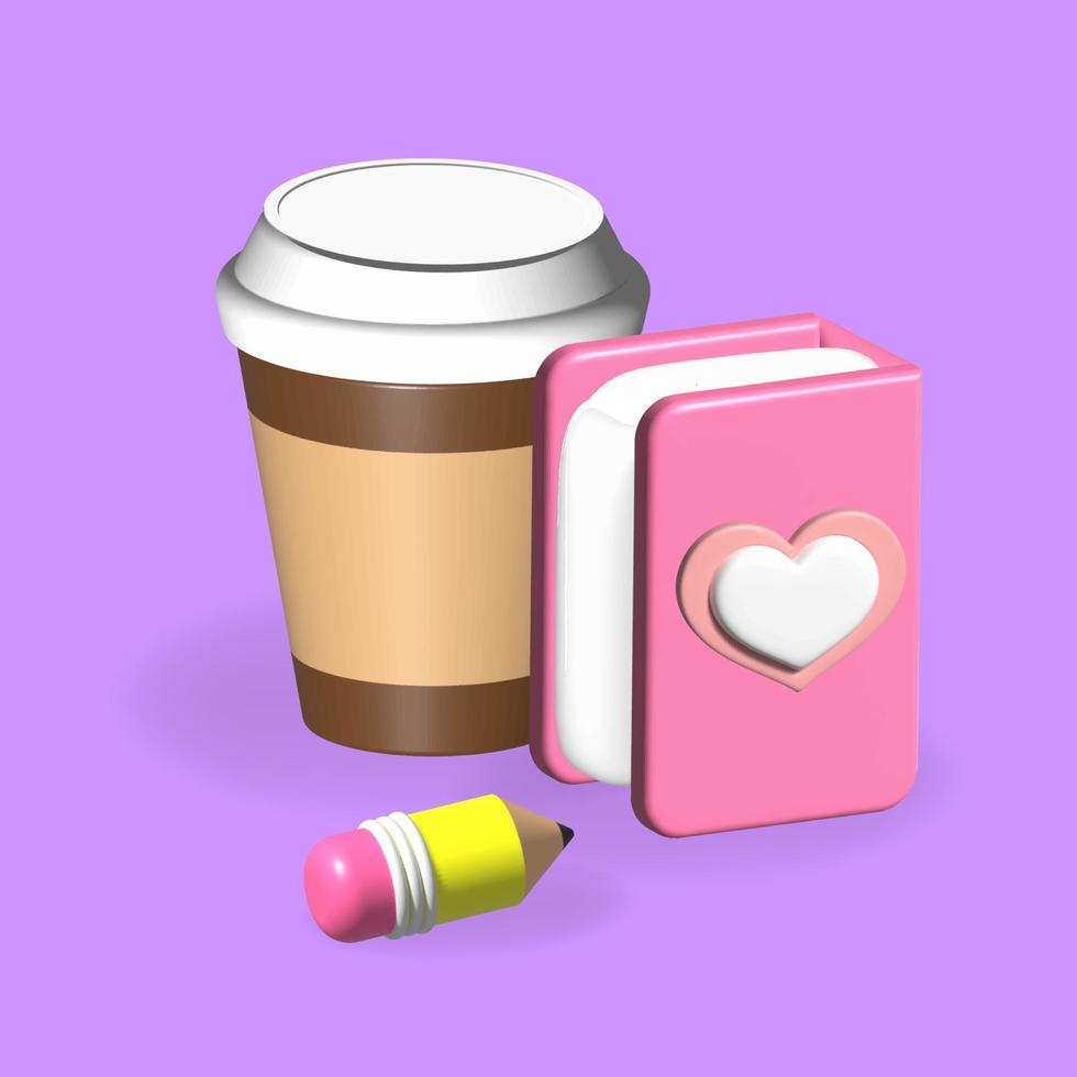 koffie in een kartonnen mok en een dagboek met een potlood, 3d vectorillustratie vector